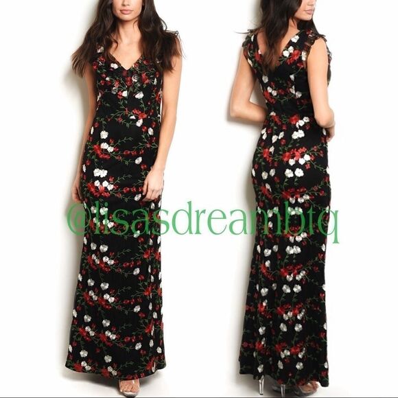 Black Floral Embroidered Sleeveless Long Dress - Picture 1 of 8